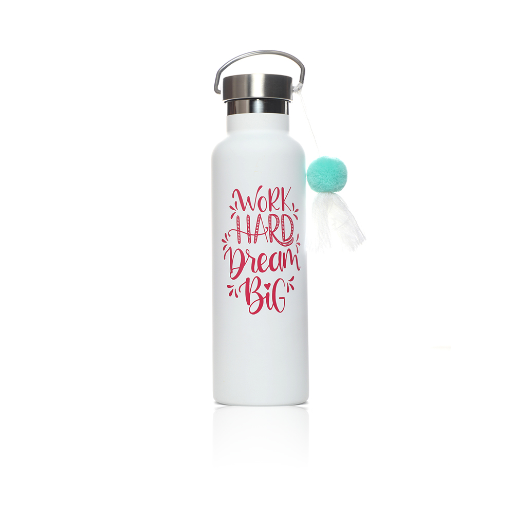Work Hard Dream Big Vacuum Water Bottle 600ml - White
