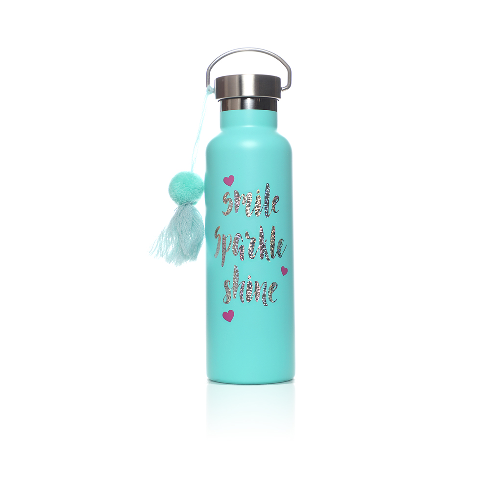 Smile Sparkle Shine Vacuum Water Bottle 600ml - Blue - Green
