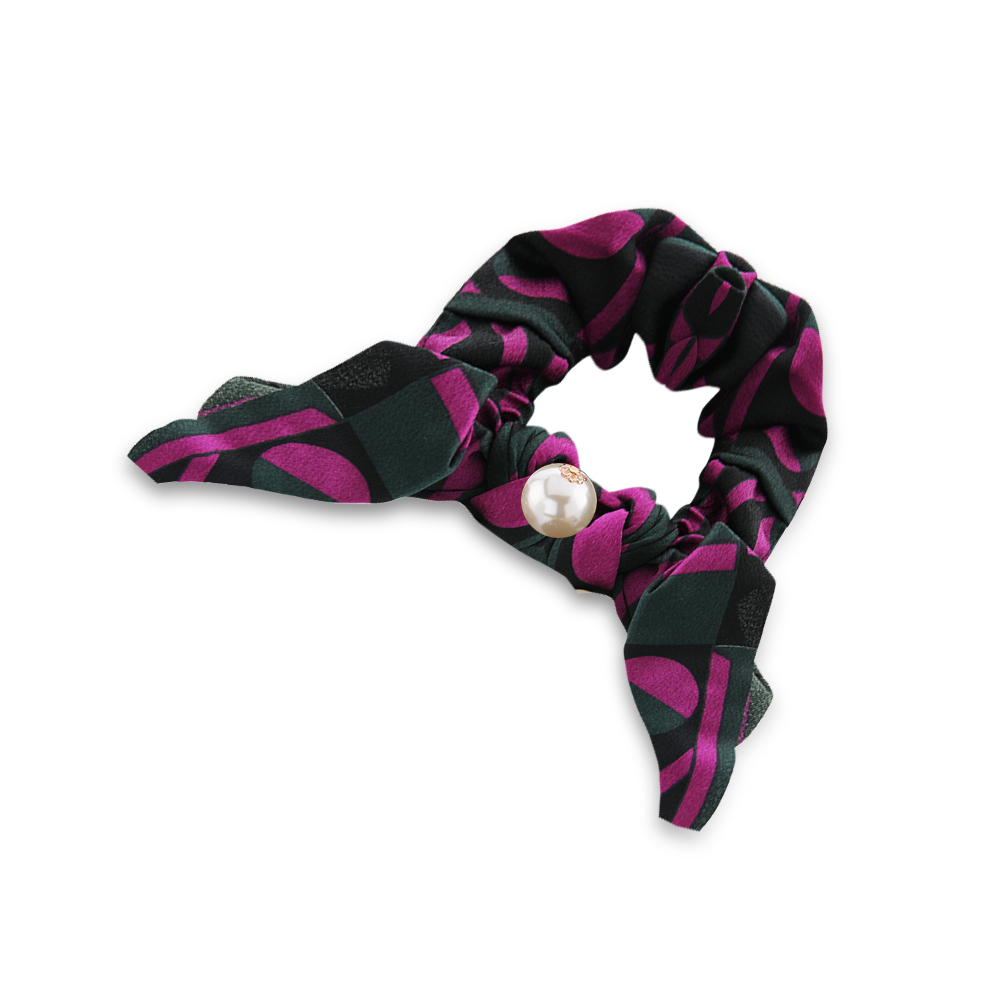 Hair Tie With Pearl - Green With Fuchsia