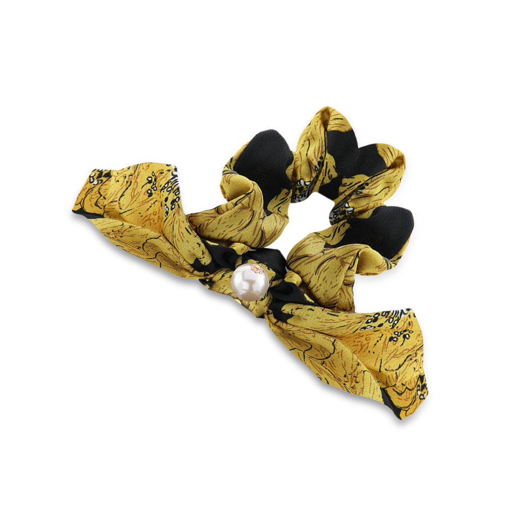 Hair Tie With Pearl - Yellow With Black