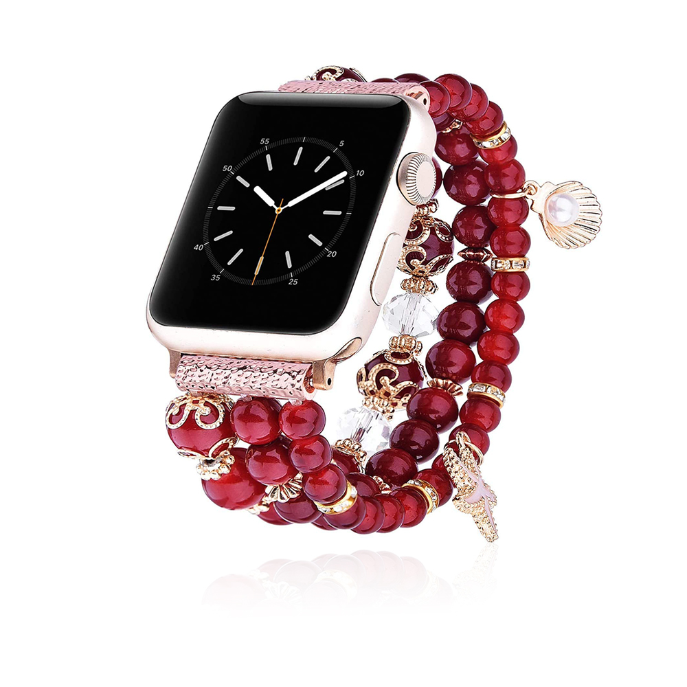 Women Fashion Handmade Elastic Stretch Beads Strap For Iwatch Series 38 Mm - Maroon