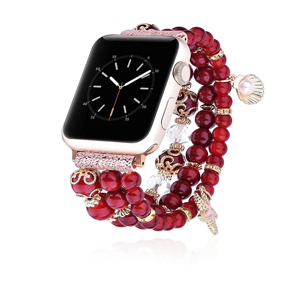 Women Fashion Handmade Elastic Stretch Beads Strap For Iwatch Series 42 Mm - Maroon
