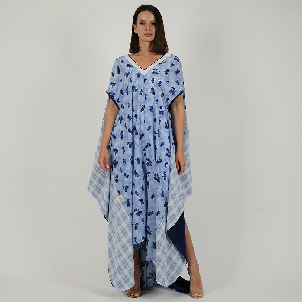 Silk Fabric Patterned Dress - Free Size - Light Blue And White