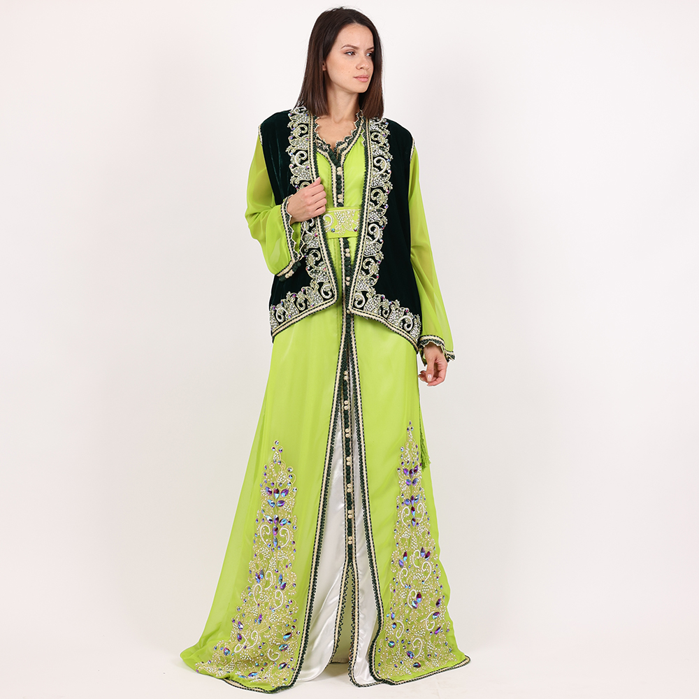 Morrocan Caftan 3 pcs Green With White Color With Handmade Belt - Large