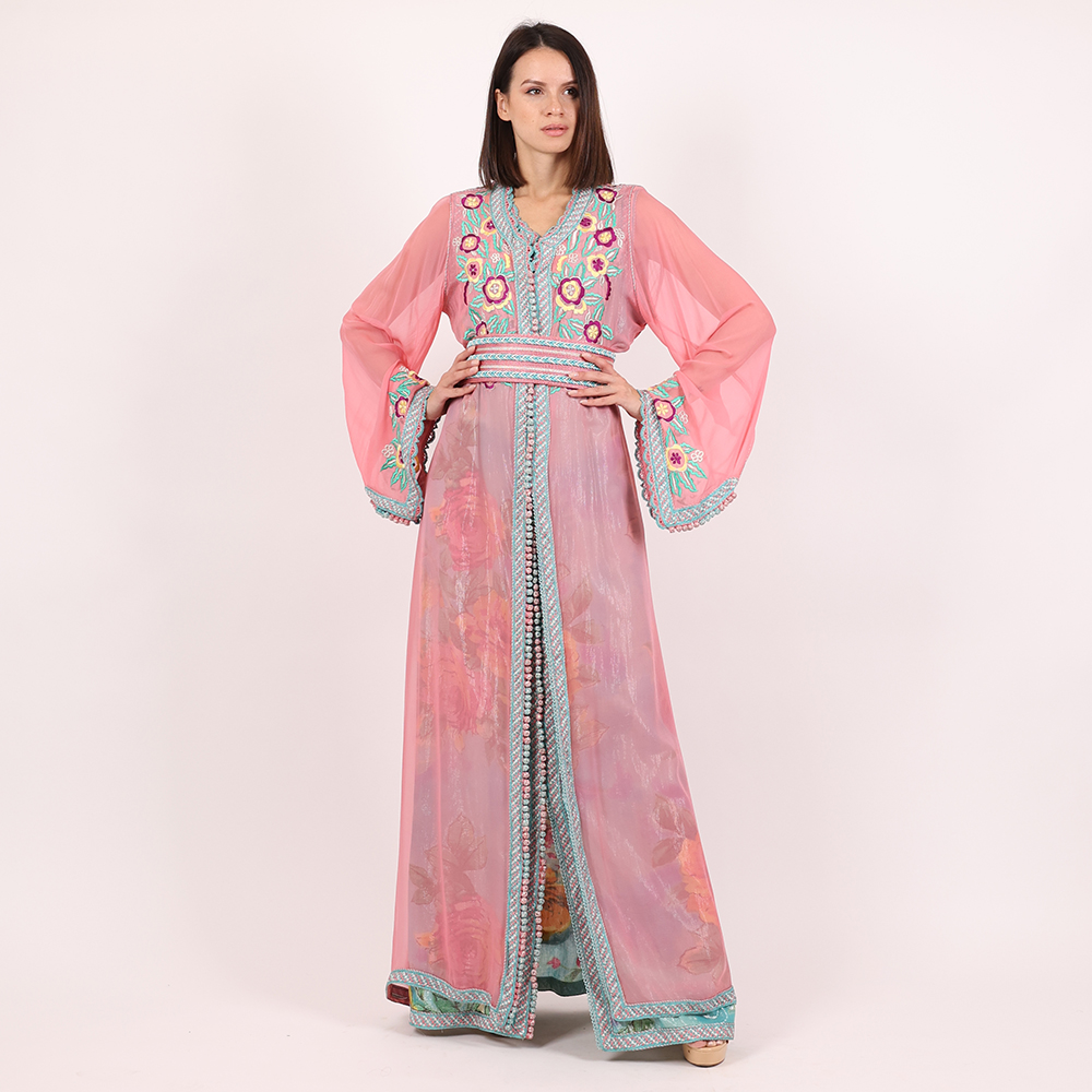 Moroccan Pink And Blue Caftan With Handmade Belt - Medium