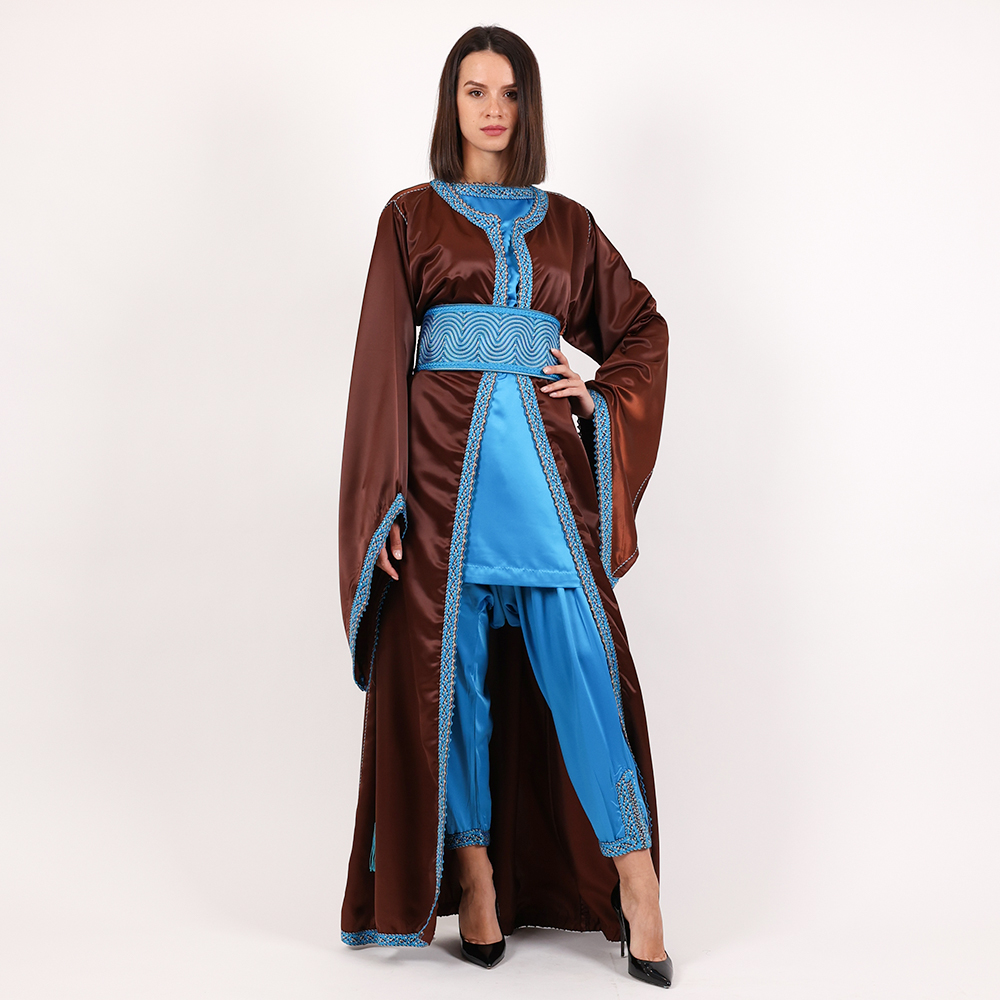 Moroccan Brown And Blue Caftan 3 pcs With Handmade Belt - Free Size