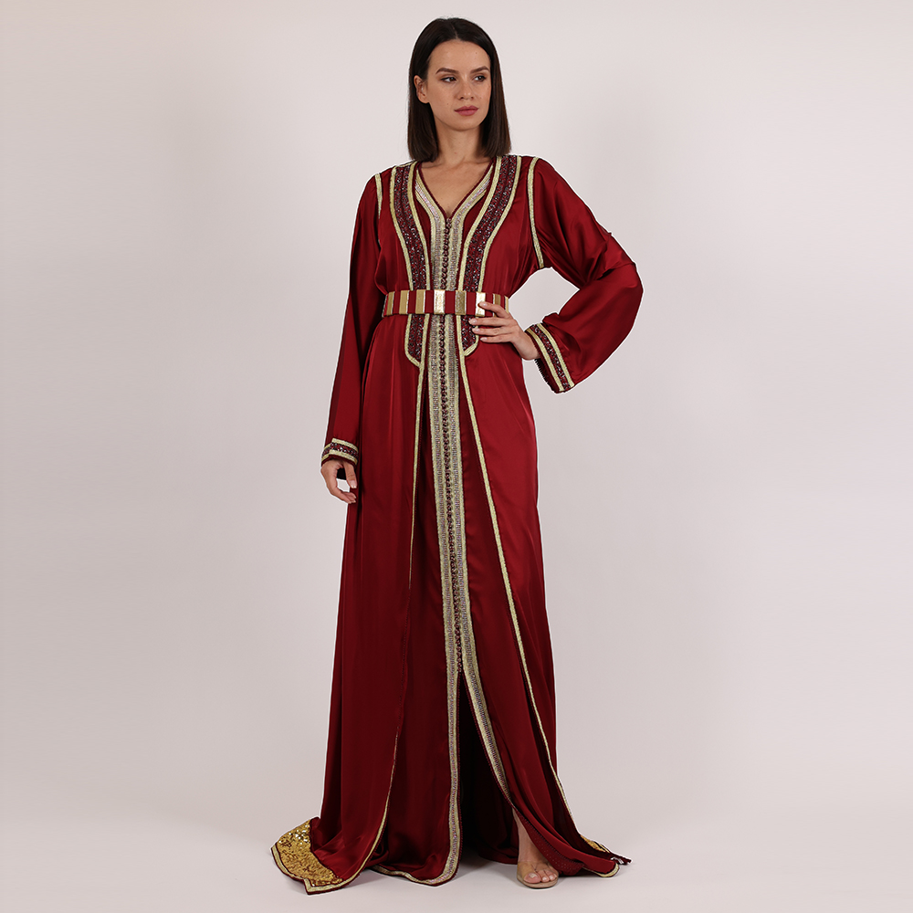 Moroccan Caftan Dark Red 2 pcs With Handmade Belt - Large