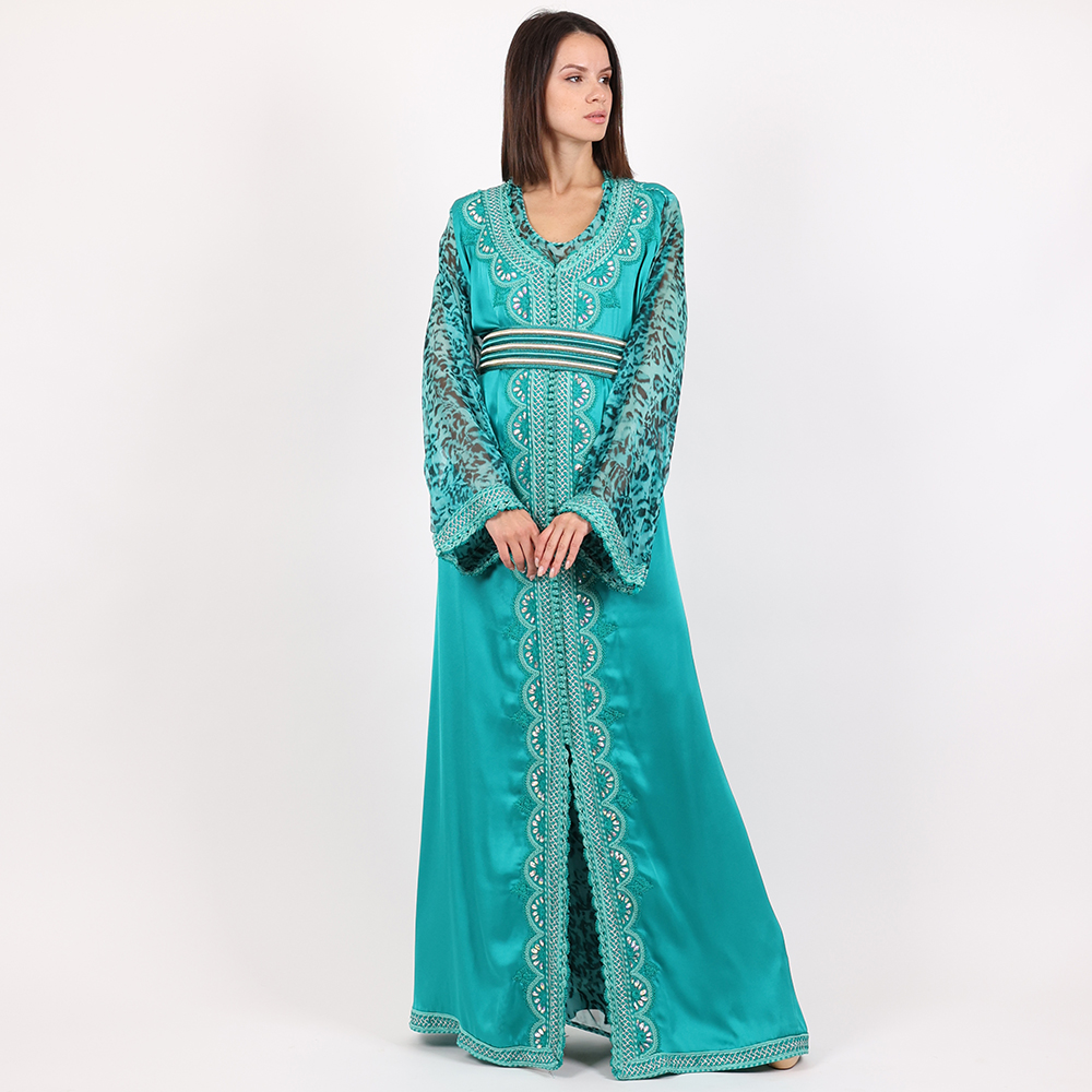 Moroccan Caftan 2 Pcs With Handmade Belt - Dark Green - Large