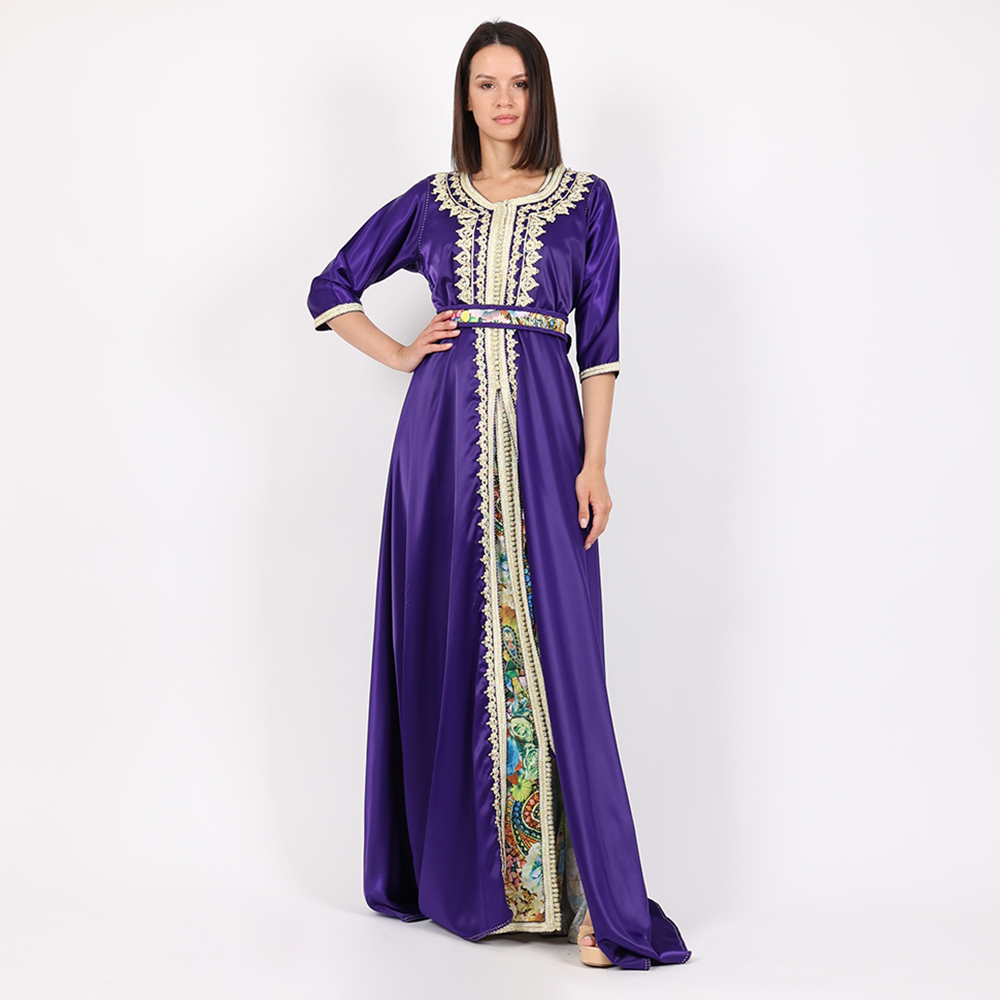 Moroccan Violet Caftan 2 Pcs With Handmade Belt - Large