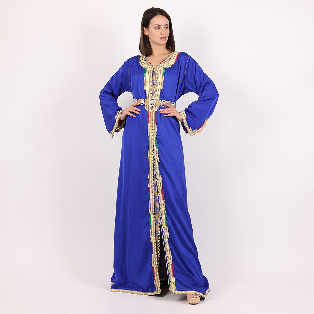 Moroccan Caftan Takchita 2 Pcs With Handmade Embroidery Gold Plated Belt - Blue - XL
