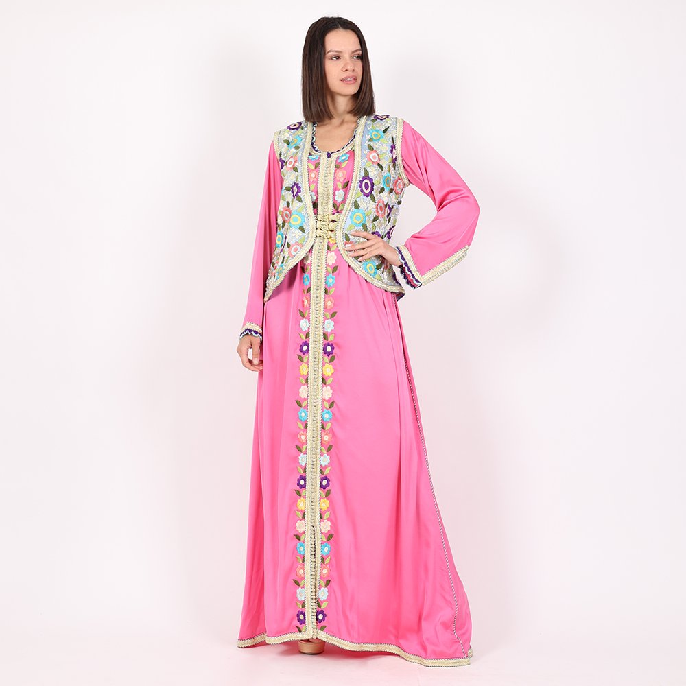 Moroccan Pink Caftan 2 Pcs With Belt - Large
