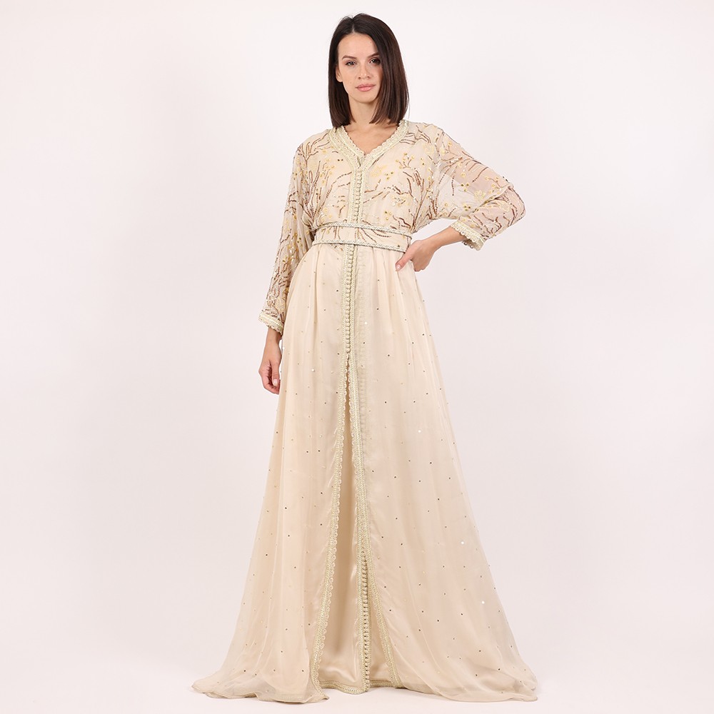 Moroccan Modern White Caftan 2Pcs With Handmade Belt - Medium