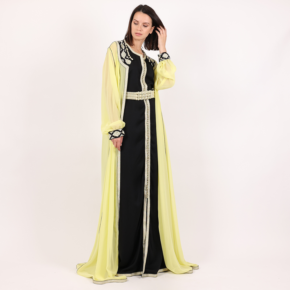Moroccan Caftan Black With Yellow 2Pcs With Belt - Large