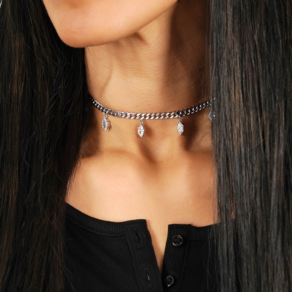 Silver Plated With White Marquise Shape Spots Necklace