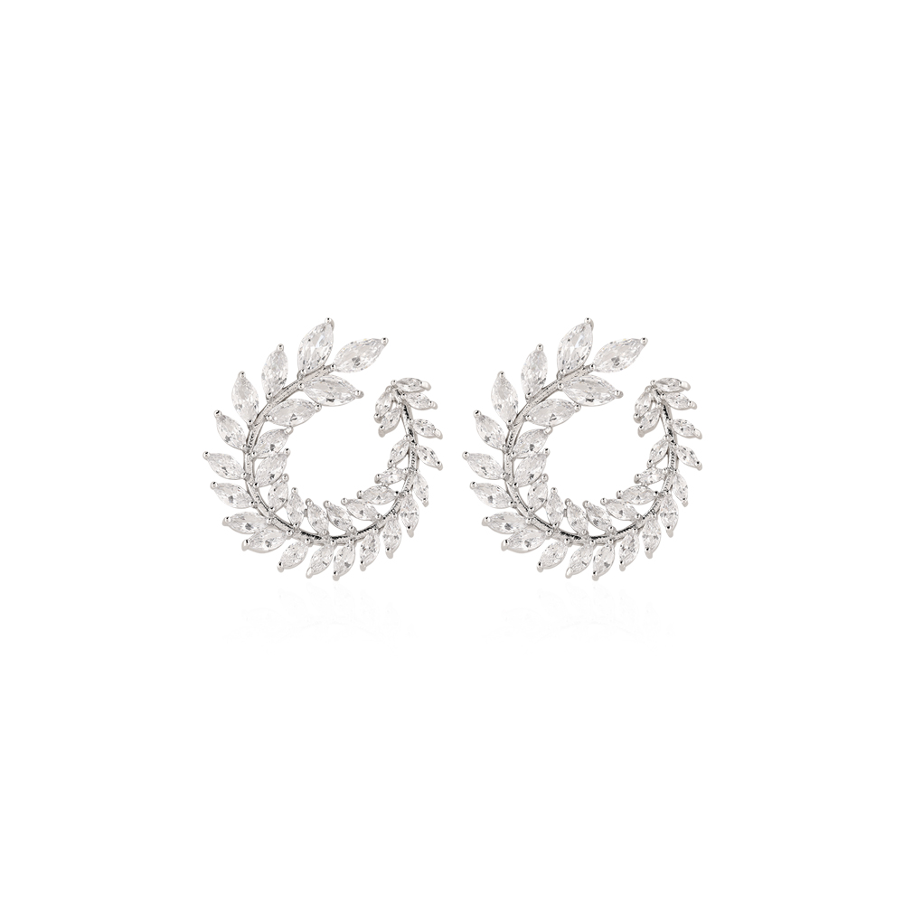 Round Olive Branch Leaves Shaped Earrings With Zircon Stones - Silver Tone