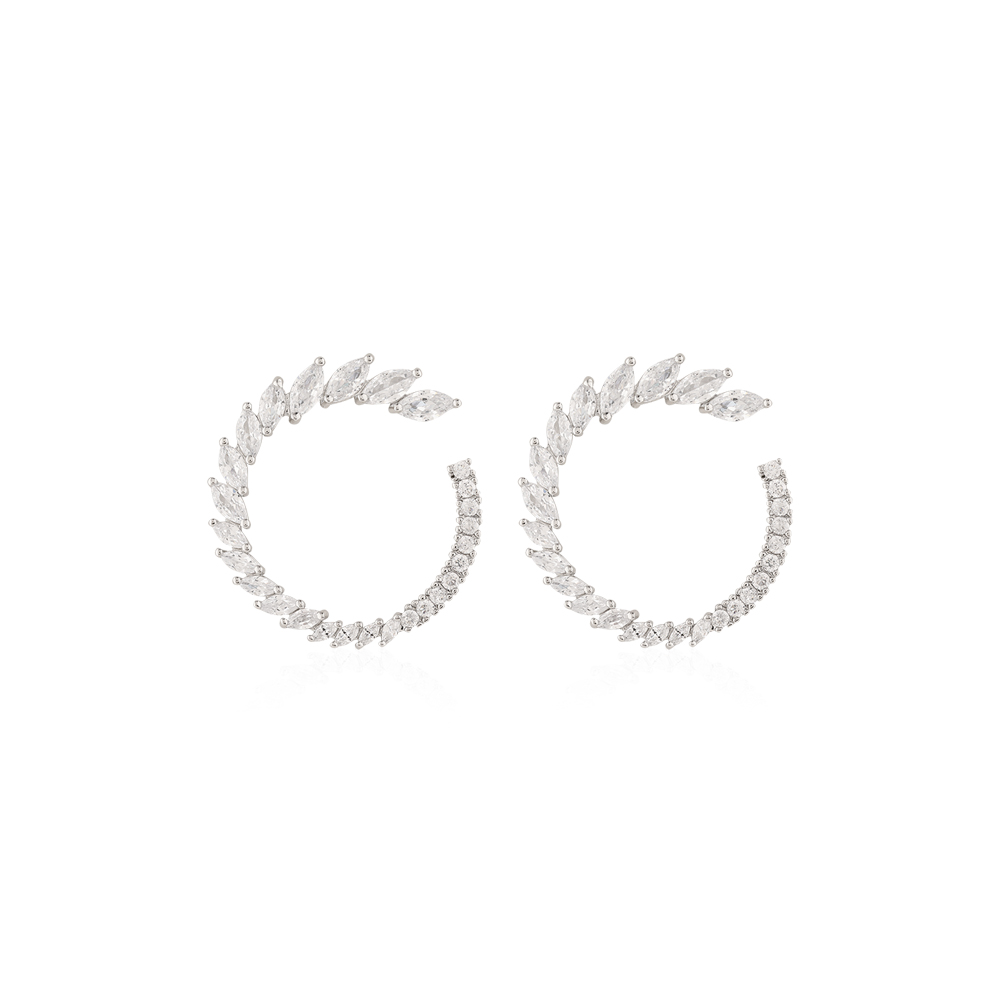 Classy Loop Earrings With Crystal Zircon Stones - Silver Tone
