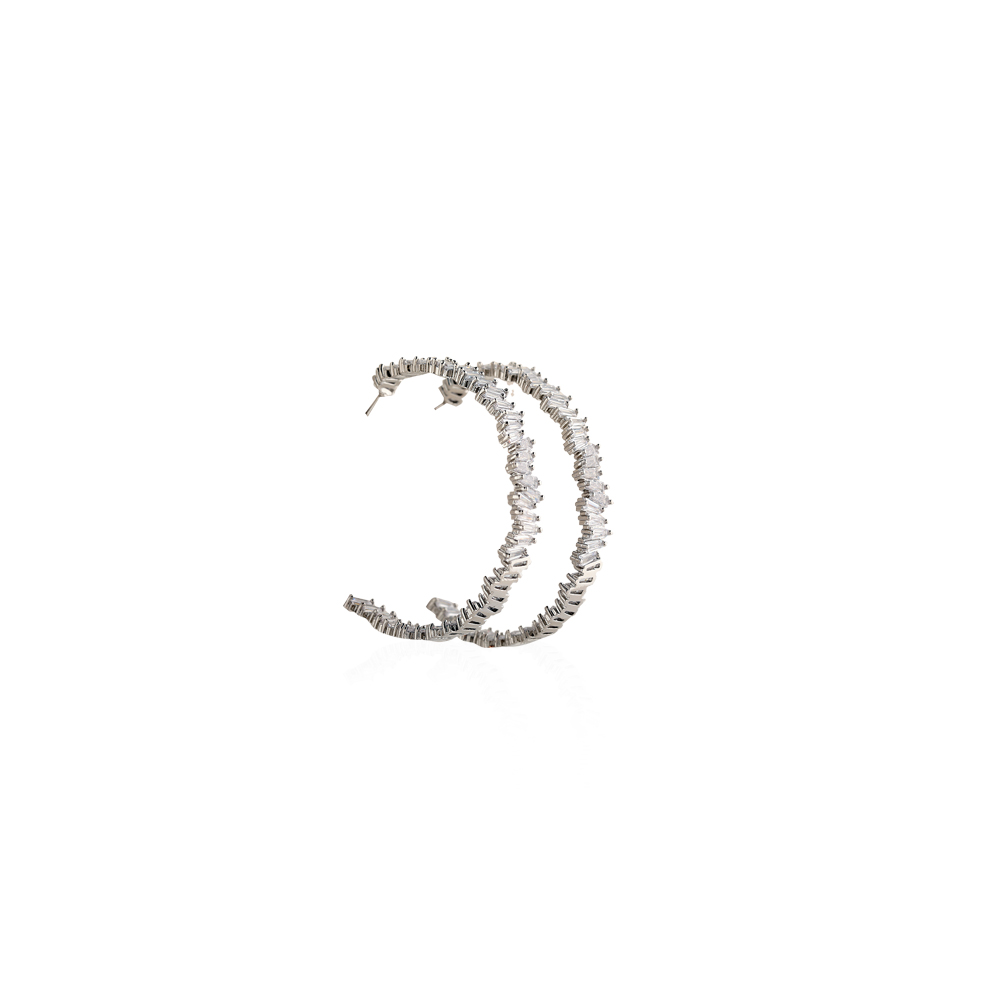 Hoop Earrings With Zircon Stones - Silver Tone