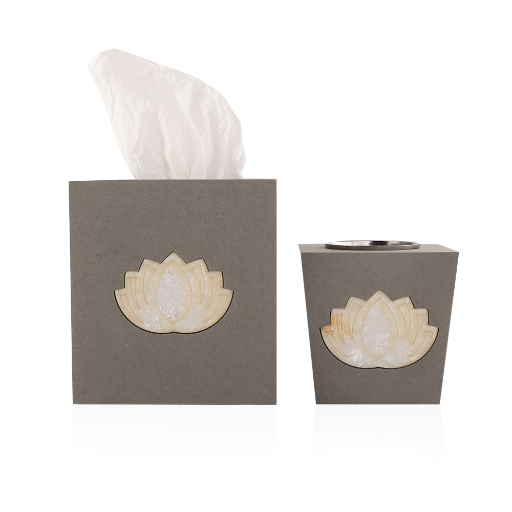 Set Of 2pc Korian Wood Mubkhar + Tissue Holder Box - Grey