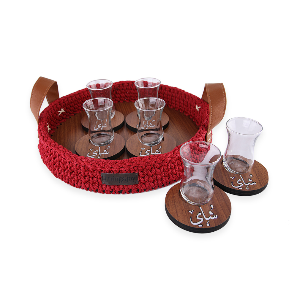 Tea Tray Set With Wooden Plate - Red