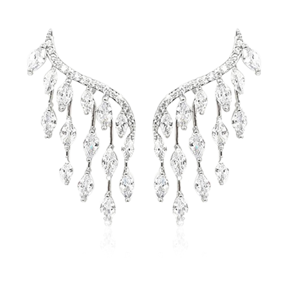 Sparkling Wing Earrings With Crystal Zircon Stones - Silver Tone
