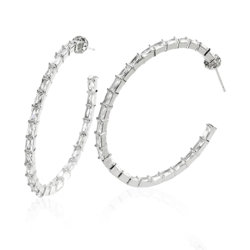 In And Out Sparkle Hoop Earrings With Zircon Stones - Silver Tone