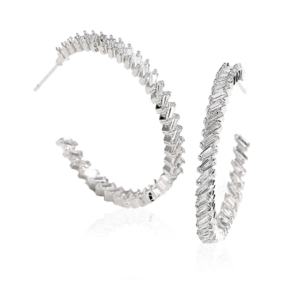 Slanting Stones Hoop Earrings With Zircon Stones - Silver Tone
