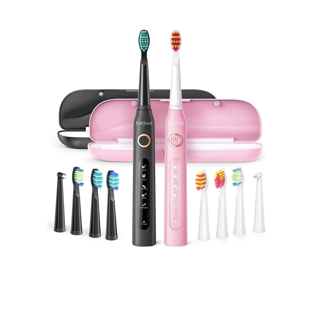 Set Of 2 Electric Toothbrush With Rechargeable Travel Cases - Black And Pink - FW-507
