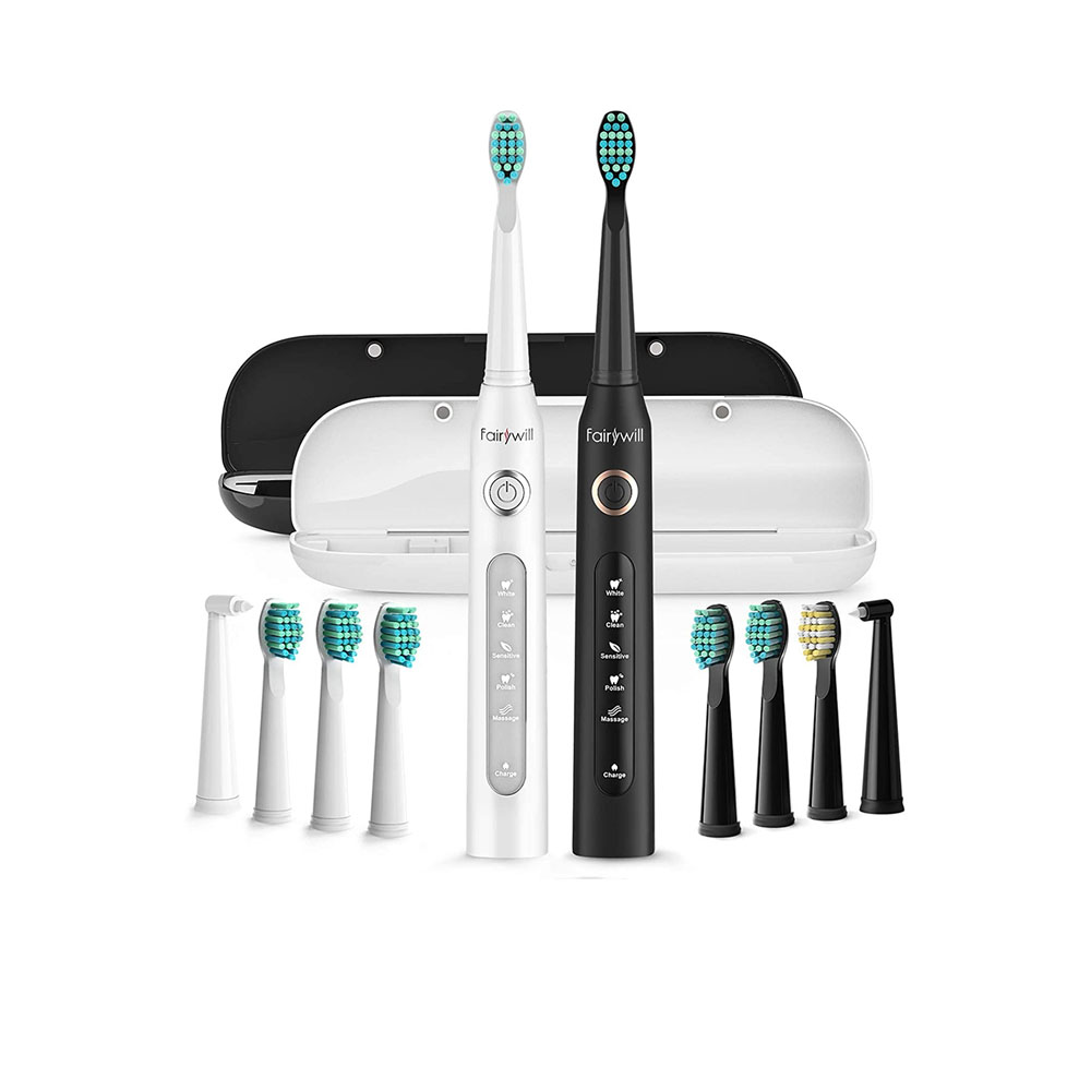 Set Of 2 Electric Toothbrush With Rechargeable Travel Cases -  Black And White - FW-507
