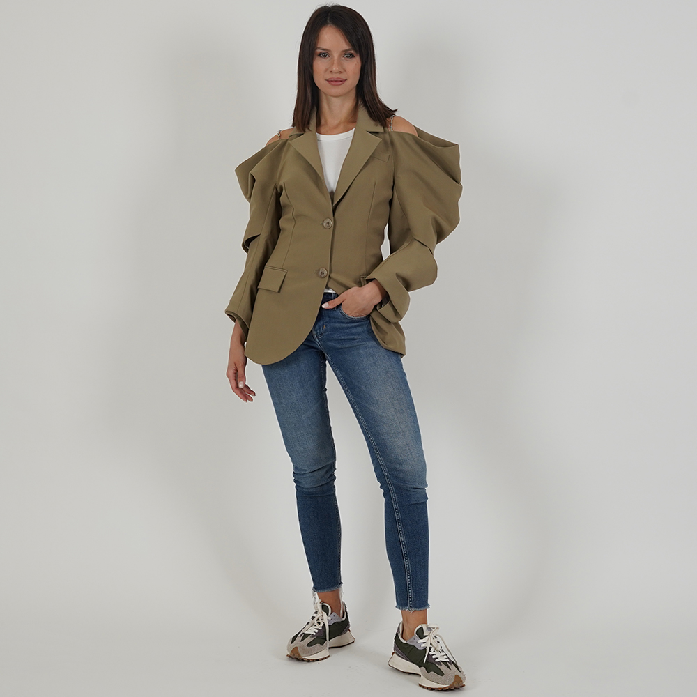 Casual Beige Blazer With Long Sleeves - Medium  