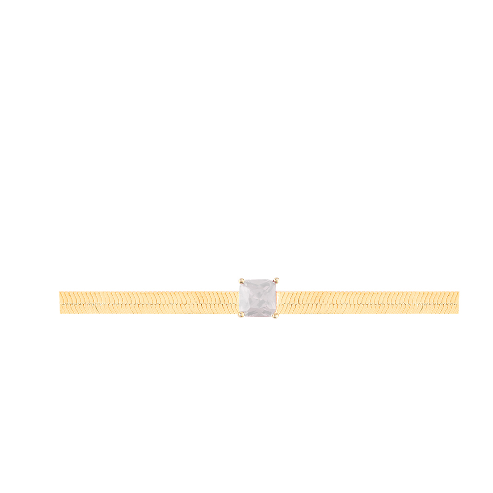 Gold Choker Wide Snake Bone With Stone - White  