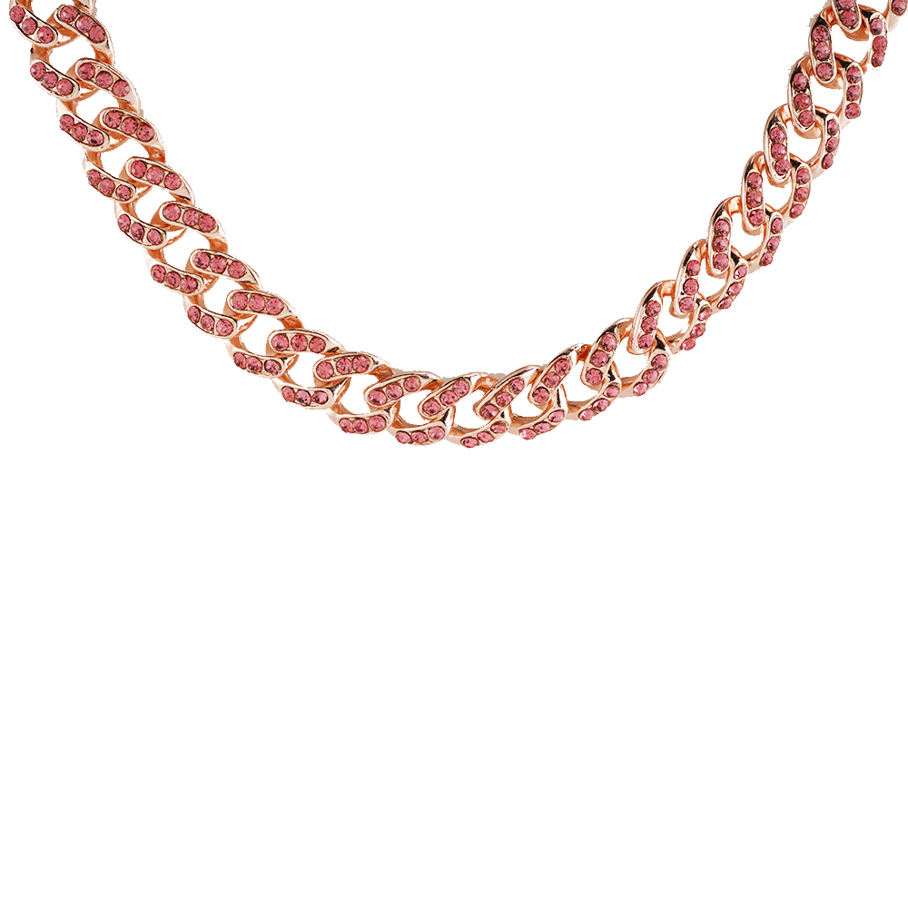 Iced Out Rose Gold Cubic Zirconia Chain Choker Necklace - Pink