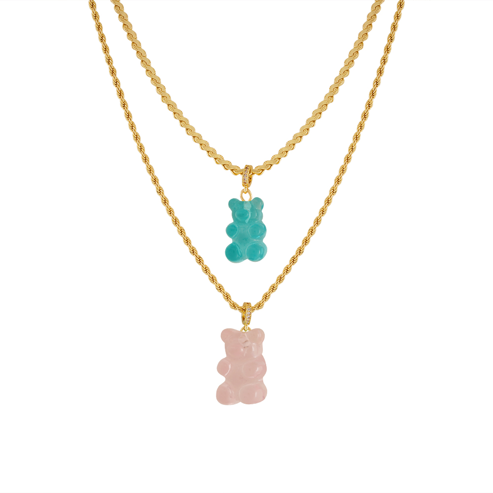 Teddy Bear Gold Chain Dual - Transparent Pink & Mint