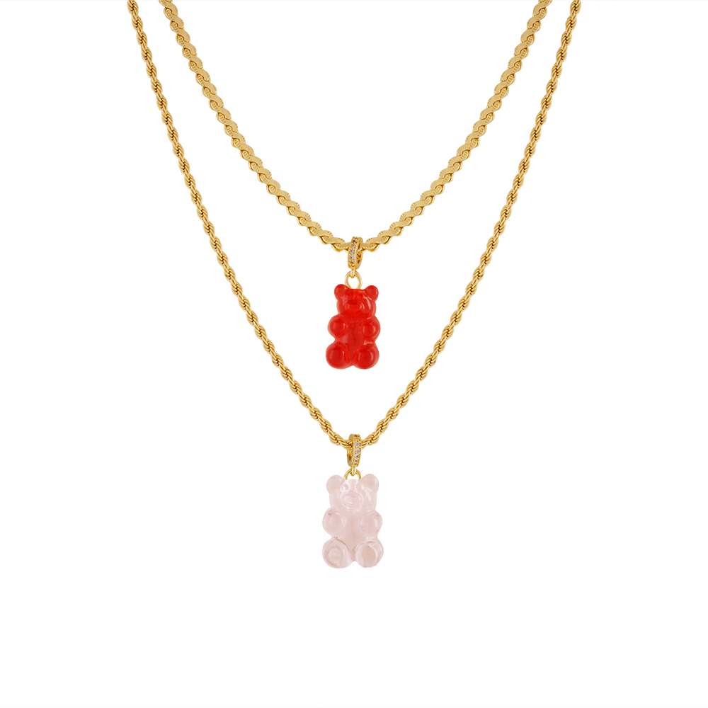 Teddy Bear Gold Chain Dual - Transparent Pink & Red