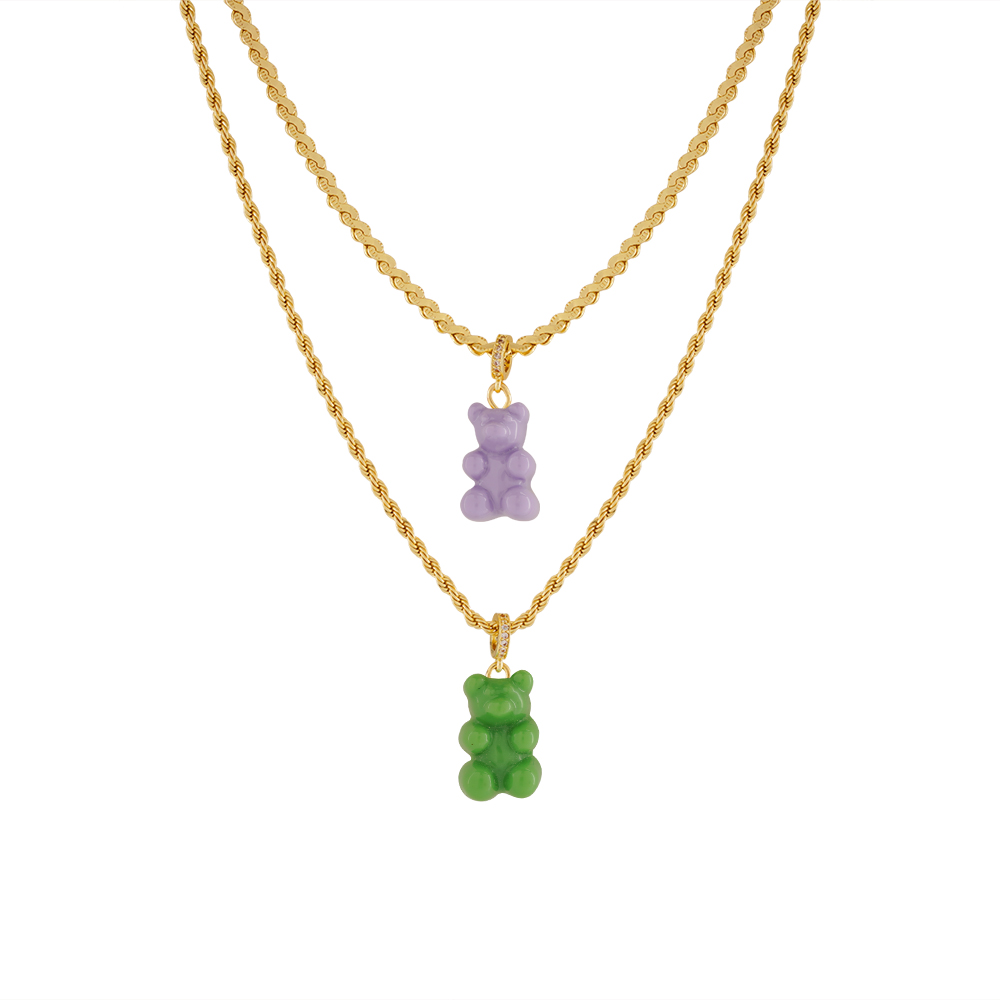 Teddy Bear Gold Chain Dual - Olive Green & Purple