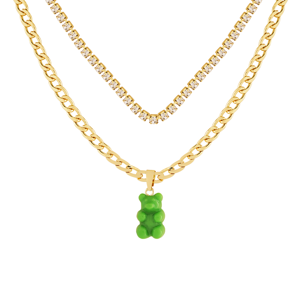 Teddy Bear Long Gold Chain With Stone - Green