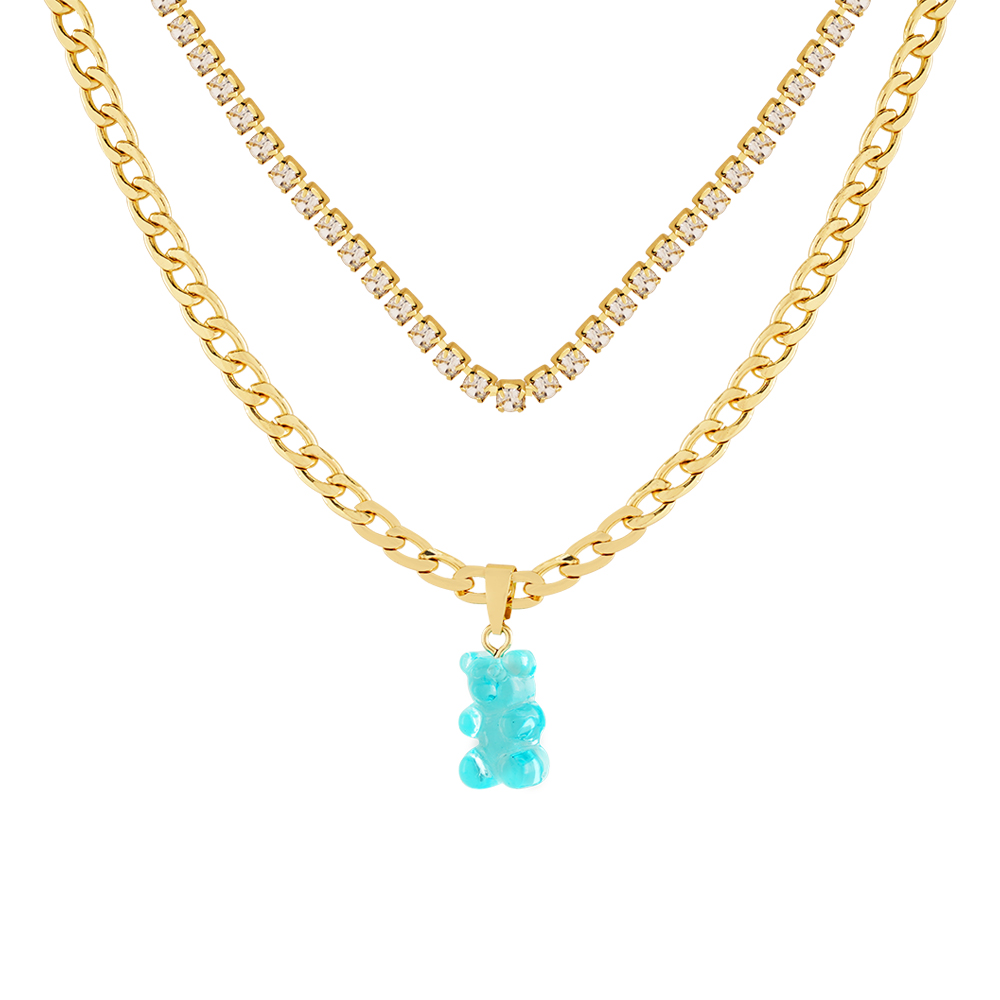 Teddy Bear Long Gold Chain With Stone - Transparent Blue