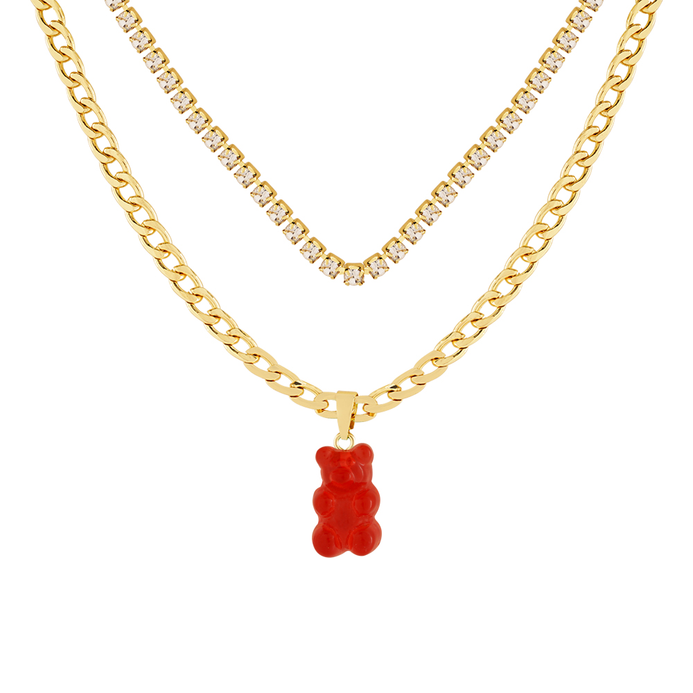 Teddy Bear Long Gold Chain With Stone - Transparent Red