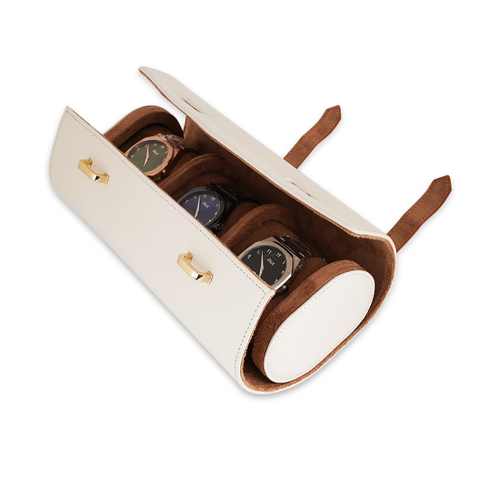 Travel Leather Storage Bag for 3 Watches with Strap - White/Camel