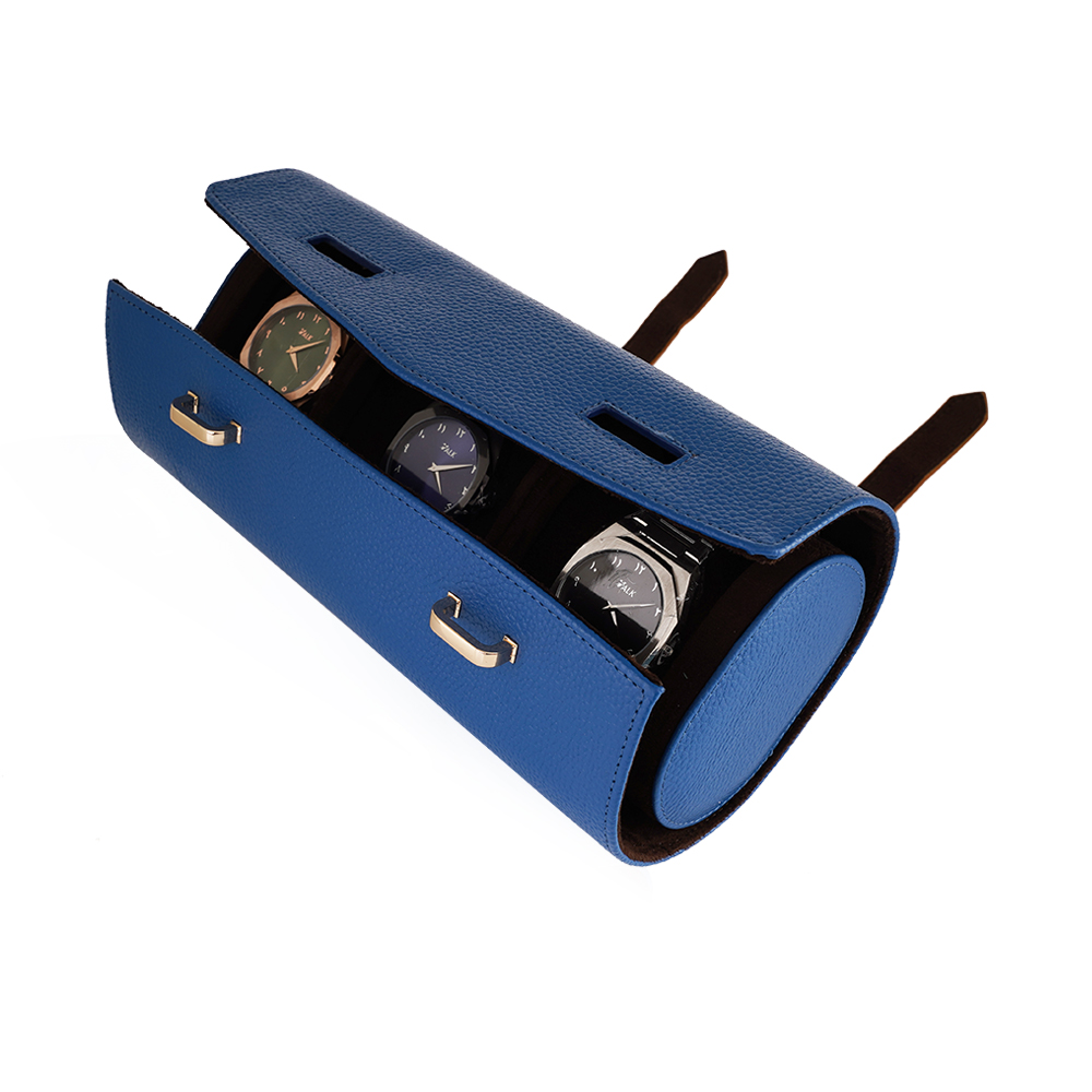 Travel Leather Storage Bag for 3 Watches with Strap - Blue/Camel