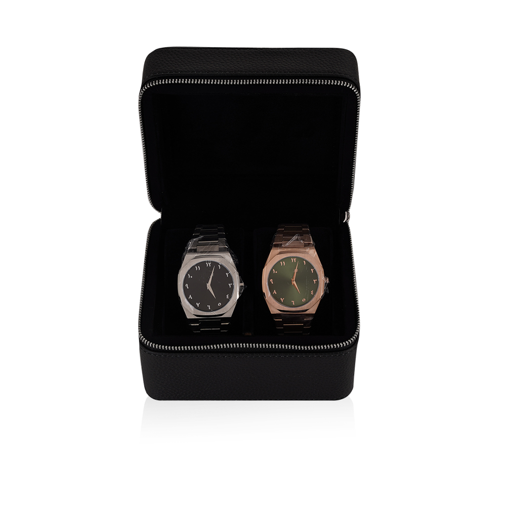 Travel Leather Storage Box for 2 Watches - Black
