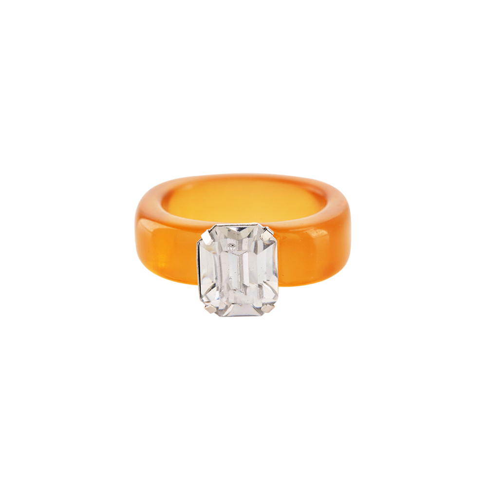 Chunky Ring With  Square Rhinestone Resin Gem - Brown