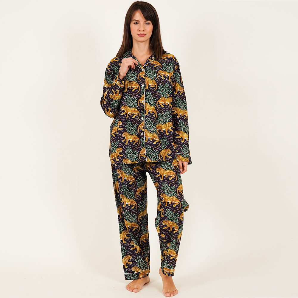 Long-Sleeved Cotton Pajamas - Dark Navy