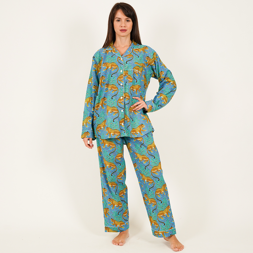Long-Sleeved Cotton Pajamas - Blue