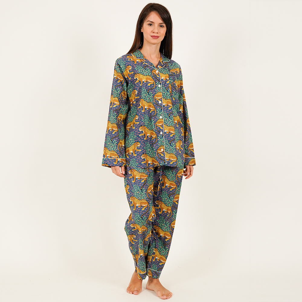 Long-Sleeved Cotton Pajamas - Petrol Blue