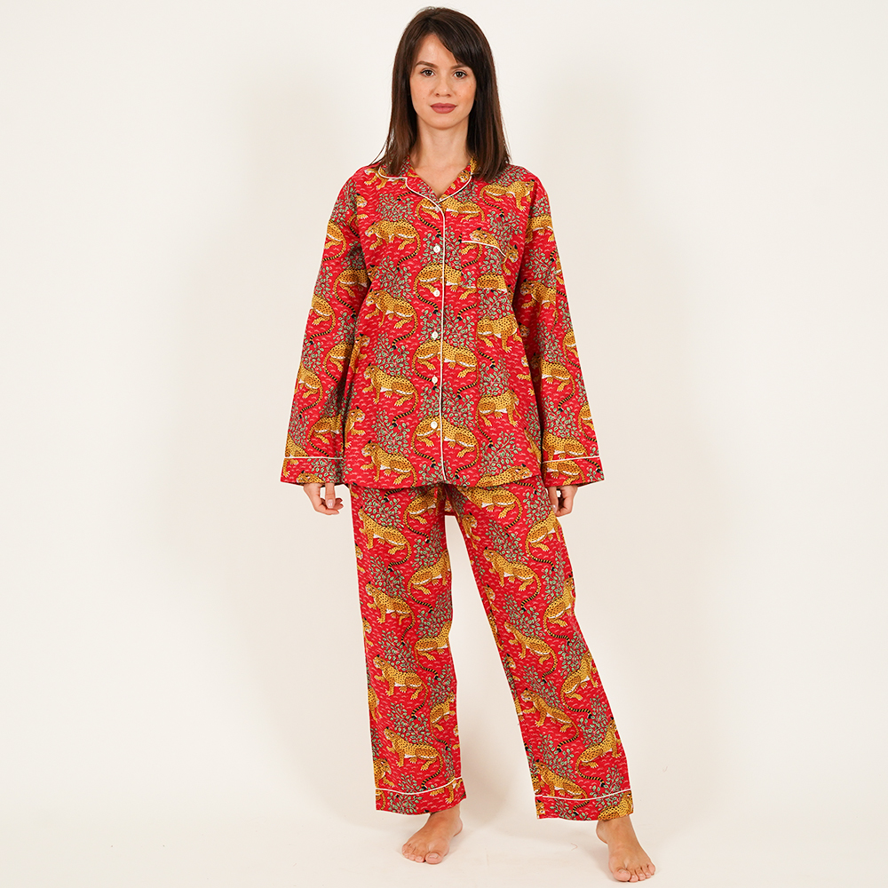 Long-Sleeved Cotton Pajamas - Red