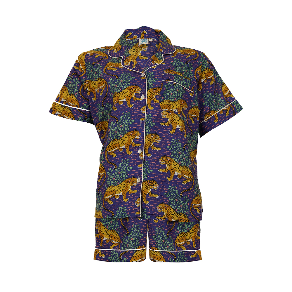 Short-Sleeved Cotton Pajamas With Petrol Blue Shorts