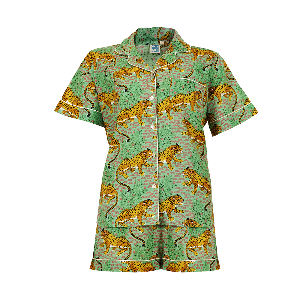 Short-Sleeved Cotton Pajamas With Light Green Shorts