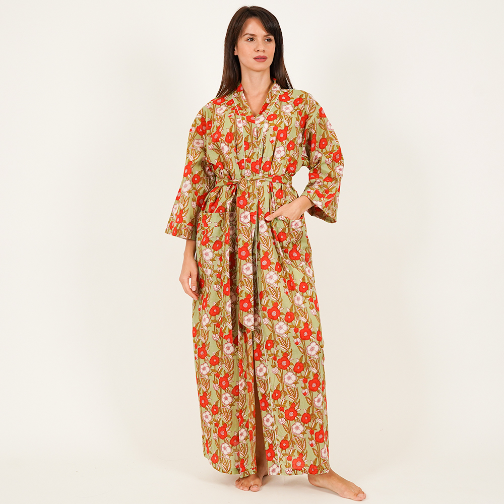 Cotton Kimono Robe - Green - Free Size