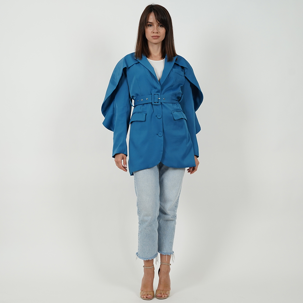 Elegant Patchwork Ruffle Jacket - Blue