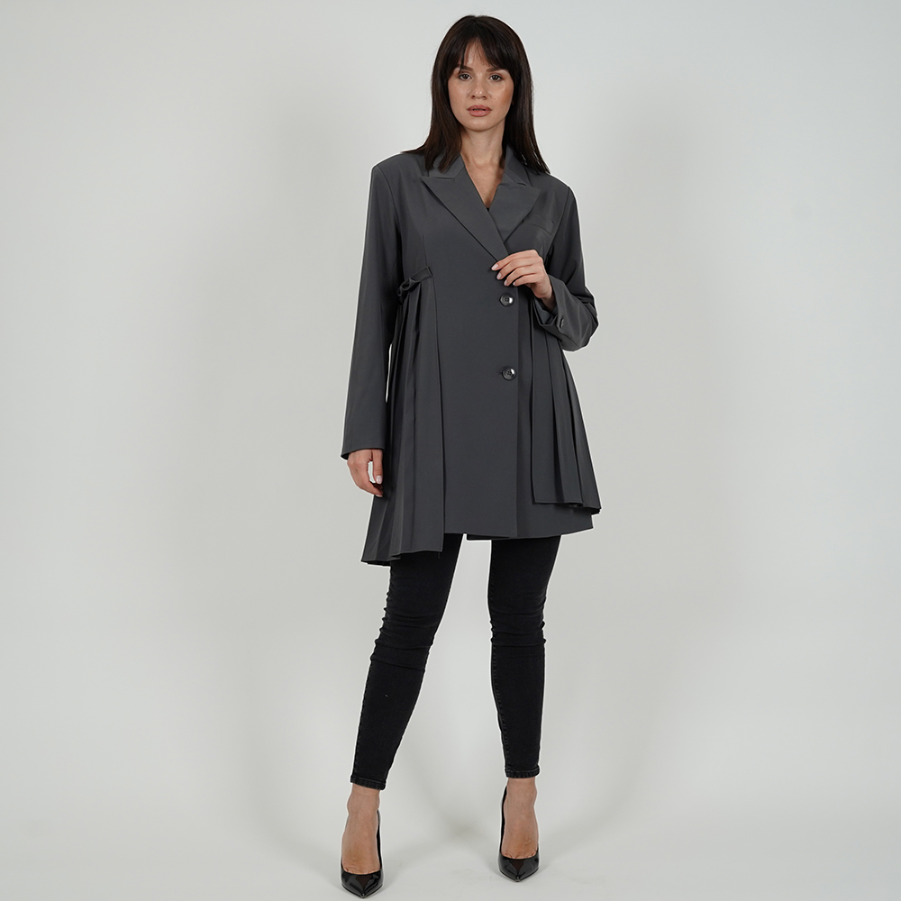 Pleated Belt Blazer - Dark Gray - Free Size